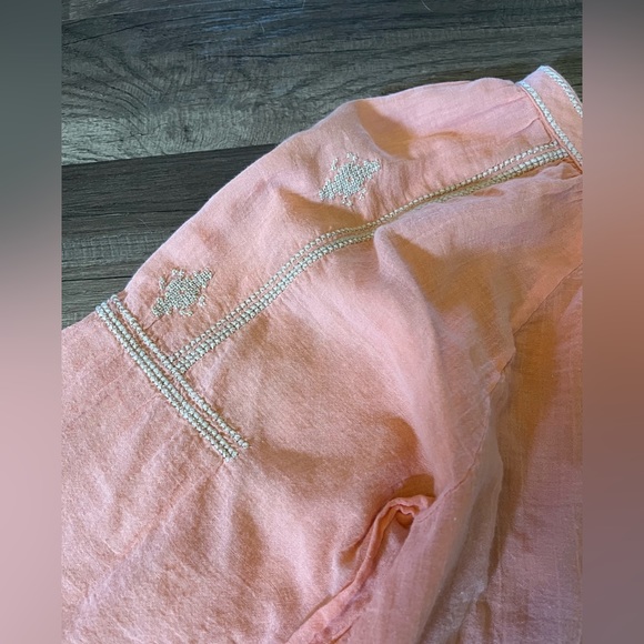Ann Taylor The Loft Salmon Peasant Embroidered Tie Front Blouse SZ Small - Picture 6 of 11